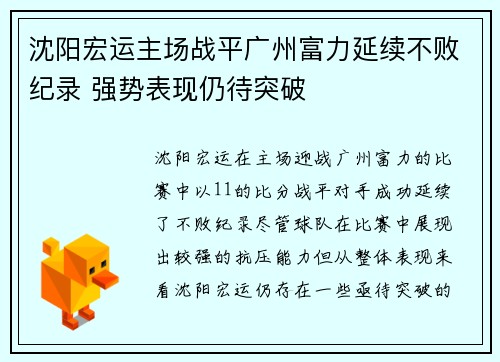 沈阳宏运主场战平广州富力延续不败纪录 强势表现仍待突破