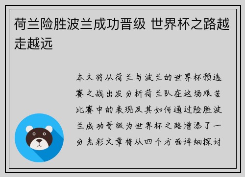 荷兰险胜波兰成功晋级 世界杯之路越走越远