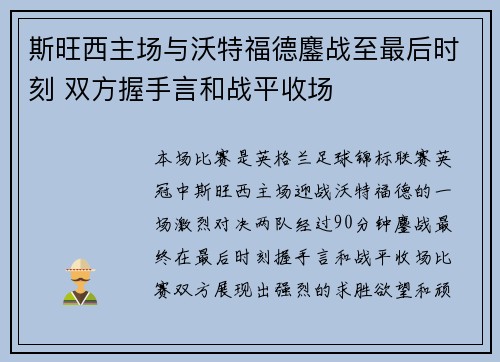 斯旺西主场与沃特福德鏖战至最后时刻 双方握手言和战平收场