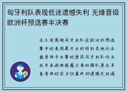 匈牙利队表现低迷遗憾失利 无缘晋级欧洲杯预选赛半决赛