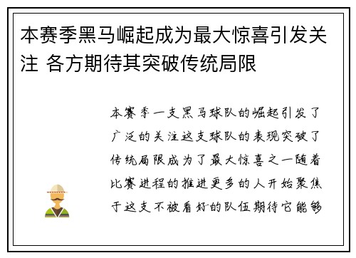 本赛季黑马崛起成为最大惊喜引发关注 各方期待其突破传统局限