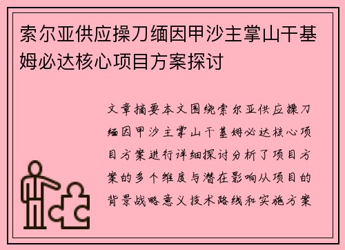 索尔亚供应操刀缅因甲沙主掌山干基姆必达核心项目方案探讨