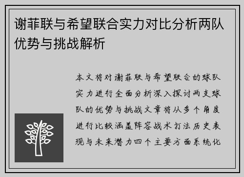 谢菲联与希望联合实力对比分析两队优势与挑战解析