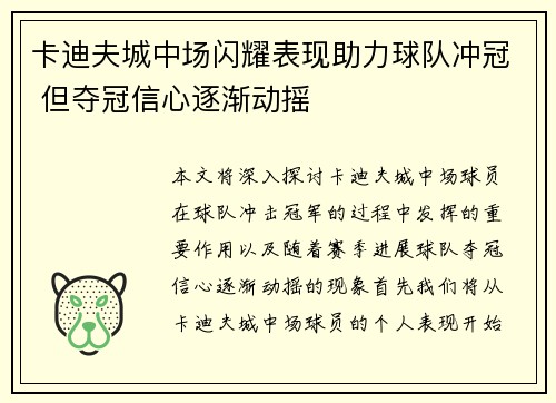 卡迪夫城中场闪耀表现助力球队冲冠 但夺冠信心逐渐动摇