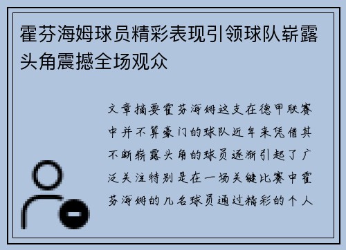 霍芬海姆球员精彩表现引领球队崭露头角震撼全场观众